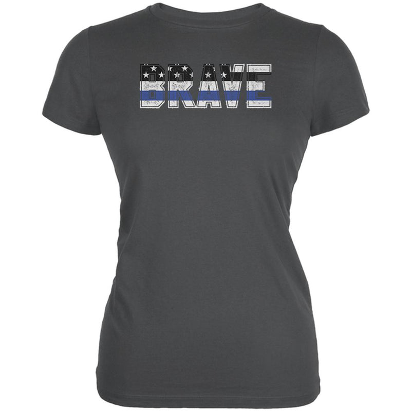 Brave Police Thin Blue Line Flag Juniors Soft T Shirt Juniors T-Shirts Old Glory 2XL Asphalt