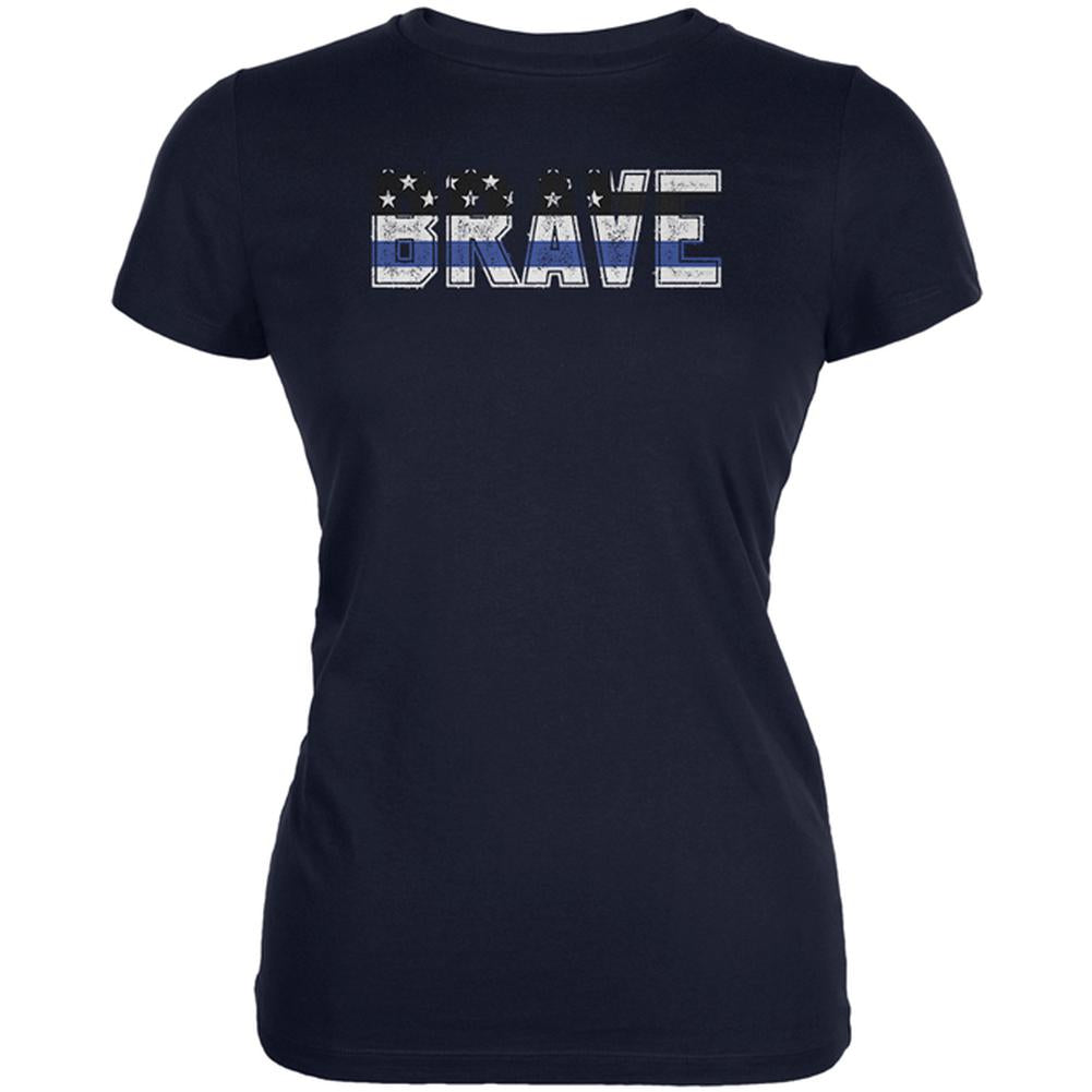 Brave Police Thin Blue Line Flag Juniors Soft T Shirt Juniors T-Shirts Old Glory 2XL Navy