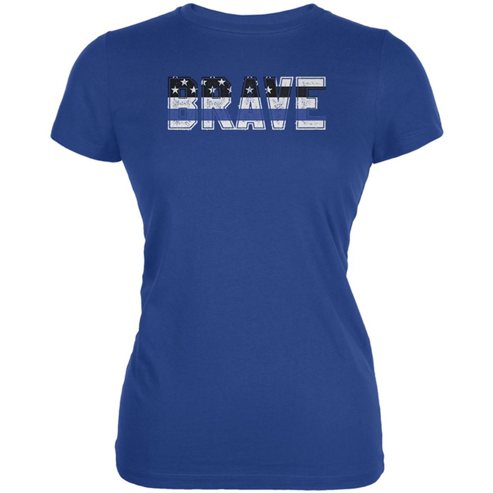 Brave Police Thin Blue Line Flag Juniors Soft T Shirt Juniors T-Shirts Old Glory 2XL Royal