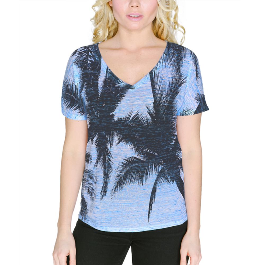 Black And White Palm Tree Silhouette Women's Slouchy V-Neck T Shirt Women's T-Shirts Old Glory 2XL Blue Marble