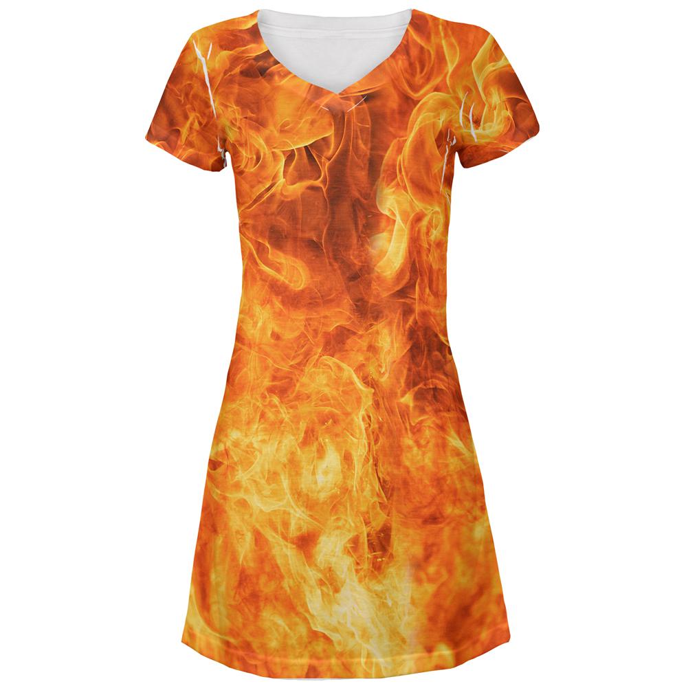 Flames Fire All Over Juniors Beach Cover-Up Dress Juniors Dresses Old Glory MD Multi