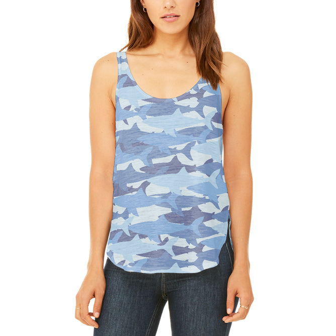 Great White Shark Camo Juniors Flowy Side Slit Tank Top Juniors Tank Tops Old Glory 2XL Multi