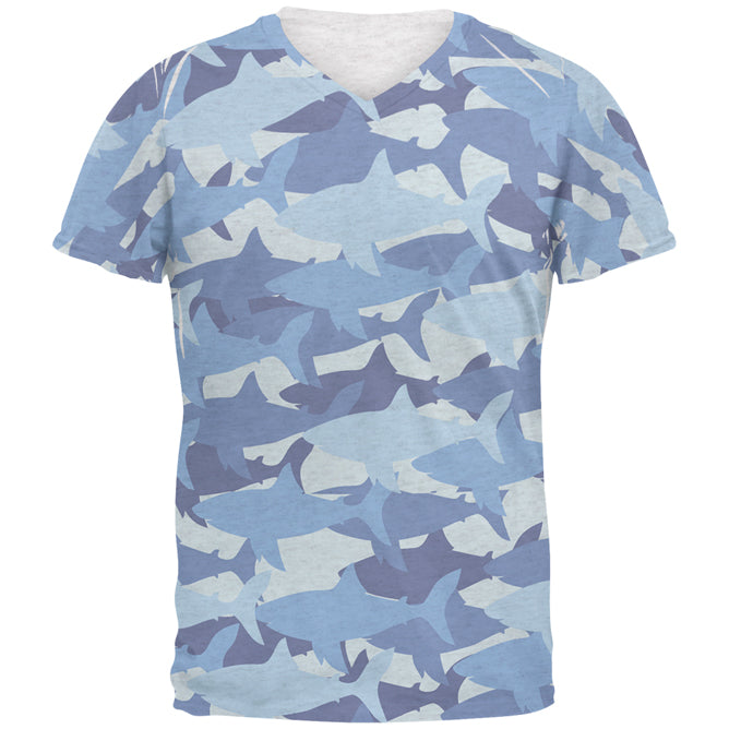 Great White Shark Camo Mens Soft V-Neck T Shirt Men's T-Shirts Old Glory 2XL Heather White