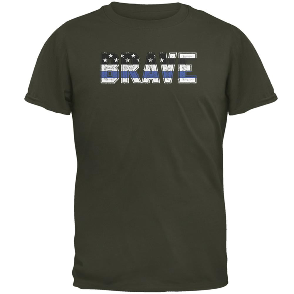 Brave Police Thin Blue Line Flag Mens T Shirt Men's T-Shirts Old Glory MD Olive