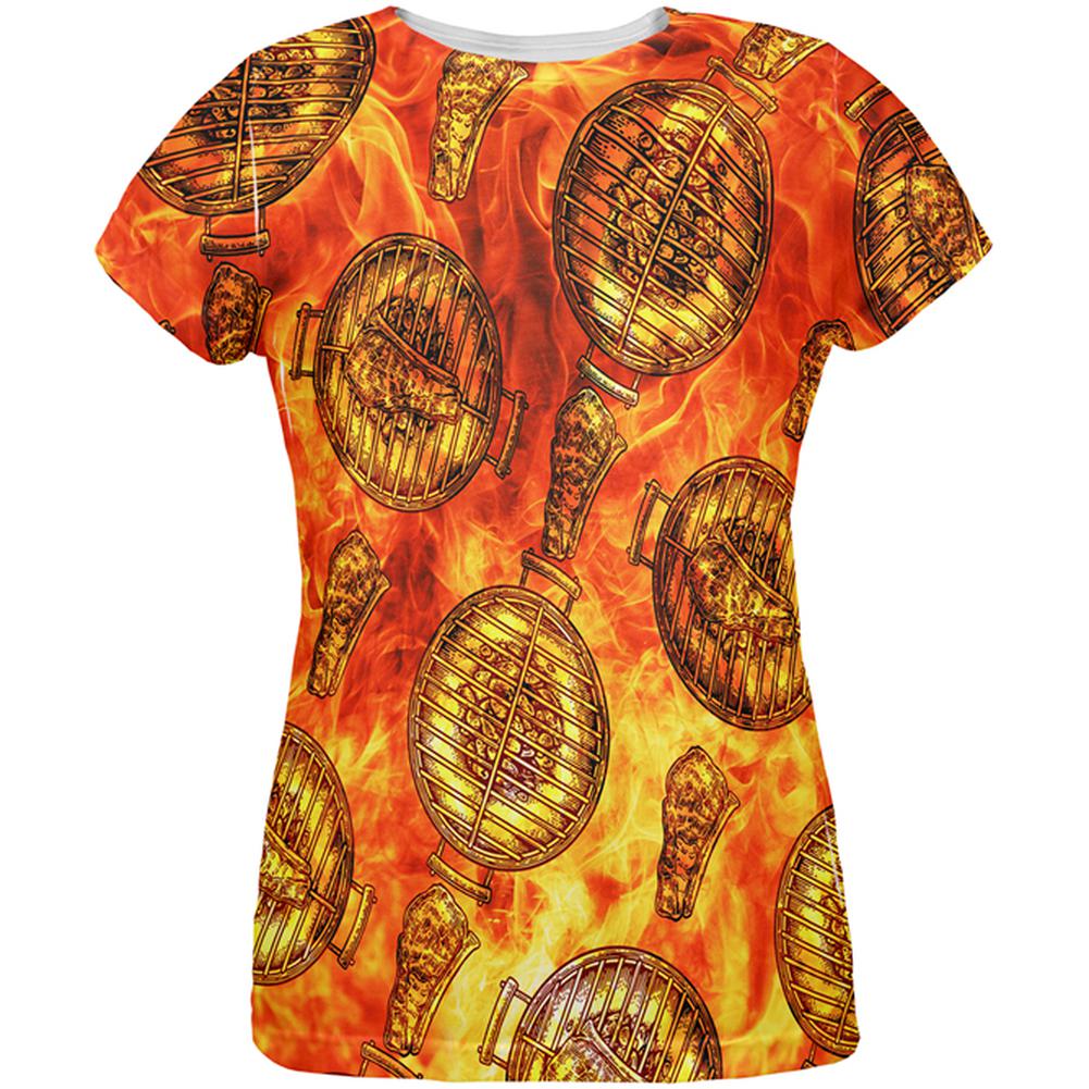 Flaming Hot Charcoal Grilled Steak Pattern All Over Womens T Shirt Women's T-Shirts Old Glory 2XL Multi