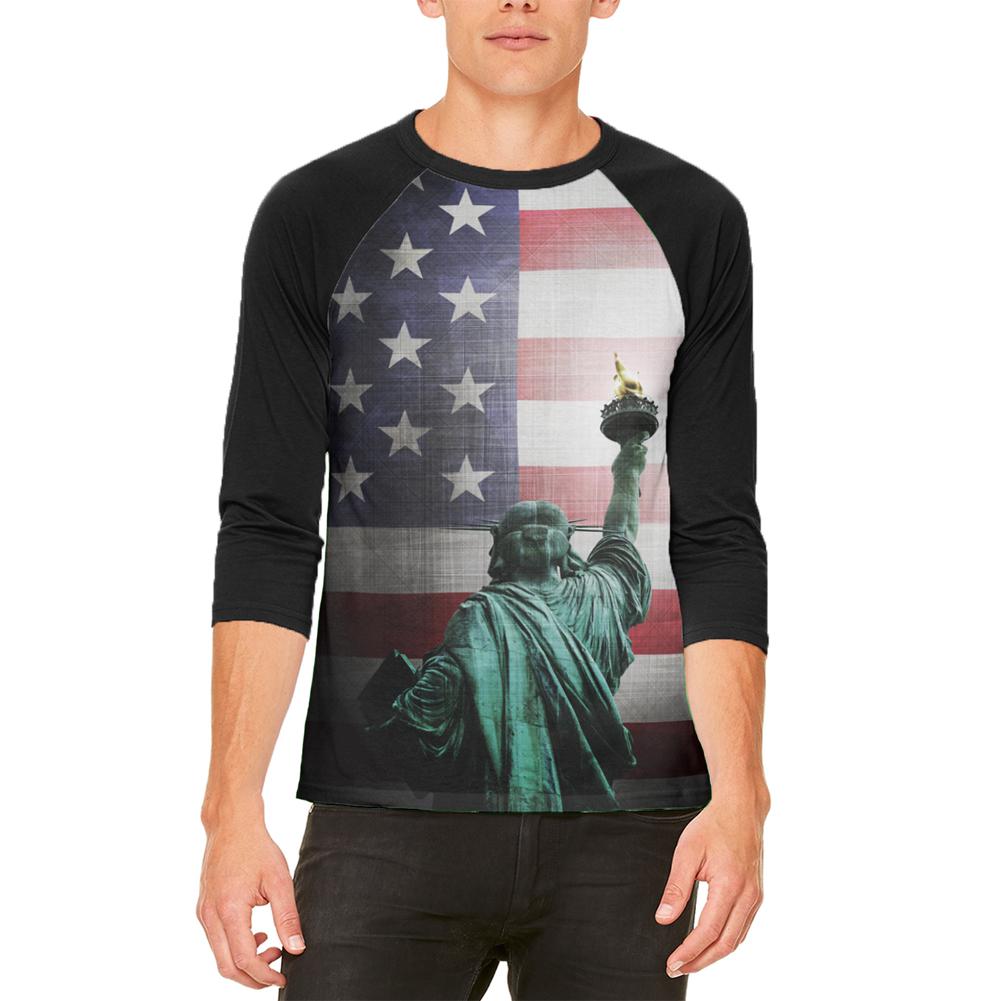 4th of July Let Lady Liberty Light the Way Mens Raglan T Shirt Men's T-Shirts Old Glory 2XL White-Black