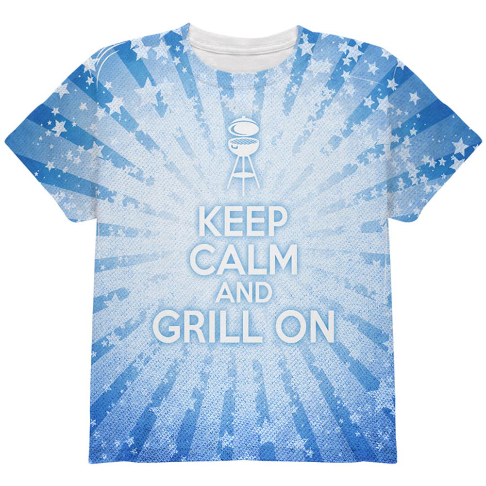 Keep Calm and Grill On Blue All Over Youth T Shirt Youth T-Shirts Old Glory LG Multi