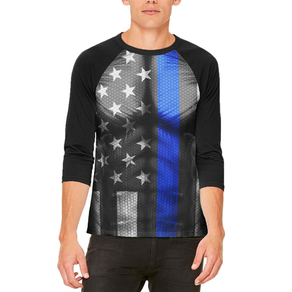 Halloween Thin Blue Line Superhero Costume Mens Raglan T Shirt Men's T-Shirts Old Glory 2XL White-Black