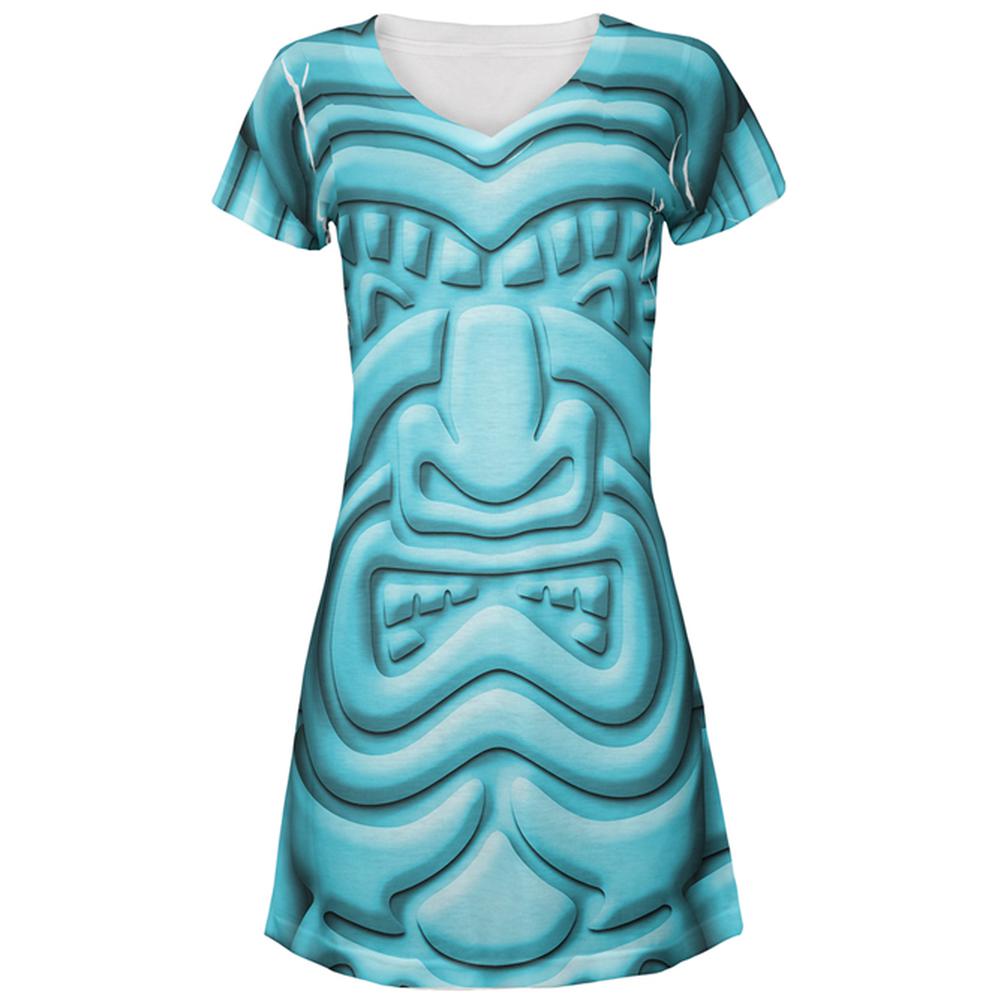 Tiki God Blue Face Luau All Over Juniors Beach Cover-Up Dress Juniors Dresses Old Glory MD Multi