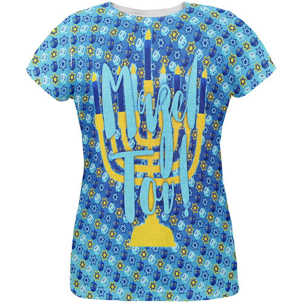 Hanukkah Mazel Tov Menorah Dreidel All Over Womens T Shirt Women's T-Shirts Old Glory 2XL Multi