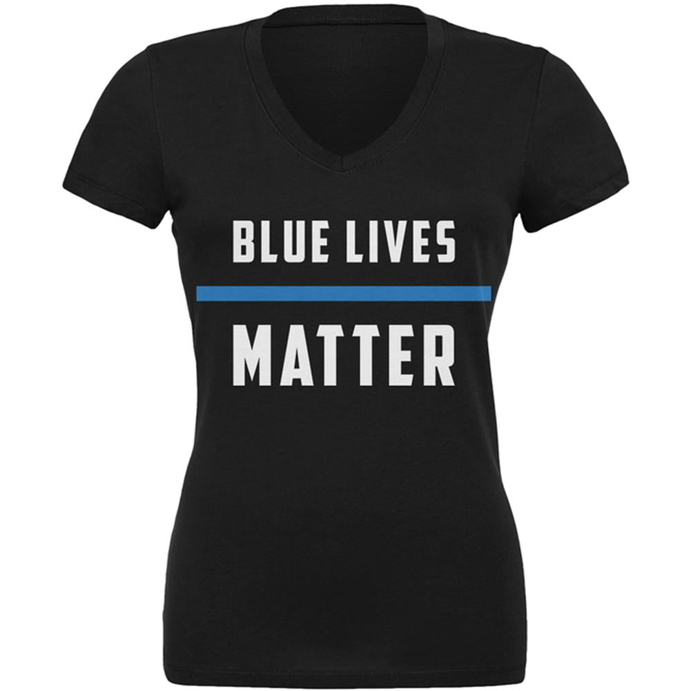 Police Blue Lives Matter Thin Blue Line Juniors V-Neck T Shirt Juniors T-Shirts Old Glory SM Black