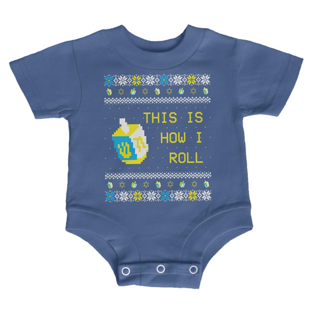 Hanukkah This is How I Roll Dreidel Ugly Christmas Sweater Soft Baby One Piece Baby One Piece Old Glory 12MO Blue