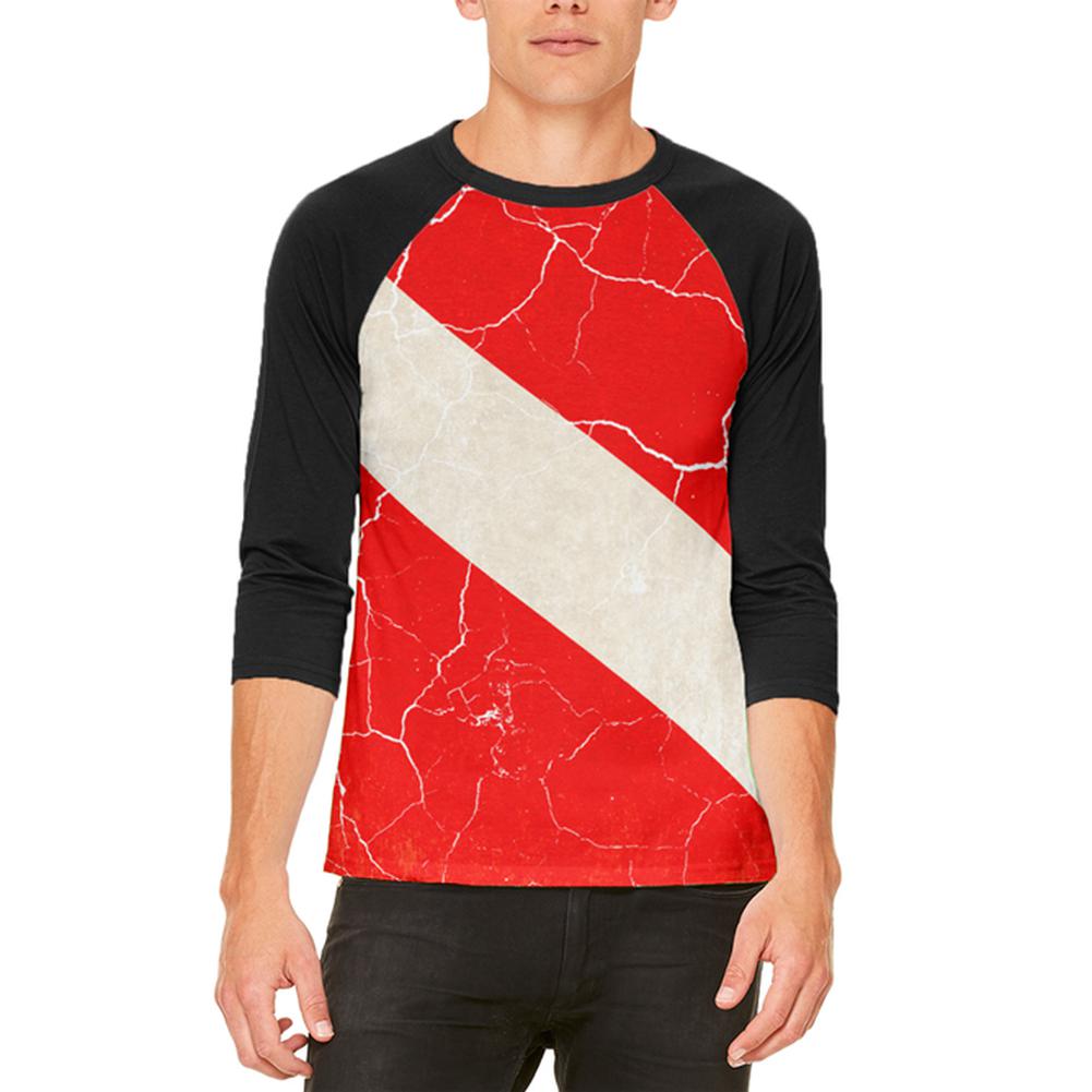 Diver Down Distressed Weathered Flag Mens Raglan T Shirt Men's T-Shirts Old Glory 2XL White-Black