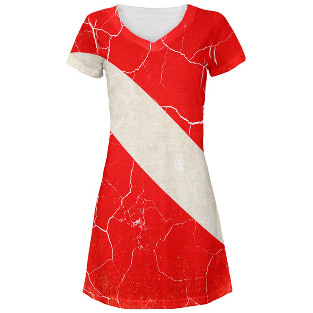 Diver Down Distressed Weathered Flag All Over Juniors Beach Cover-Up Dress Juniors Dresses Old Glory MD Multi