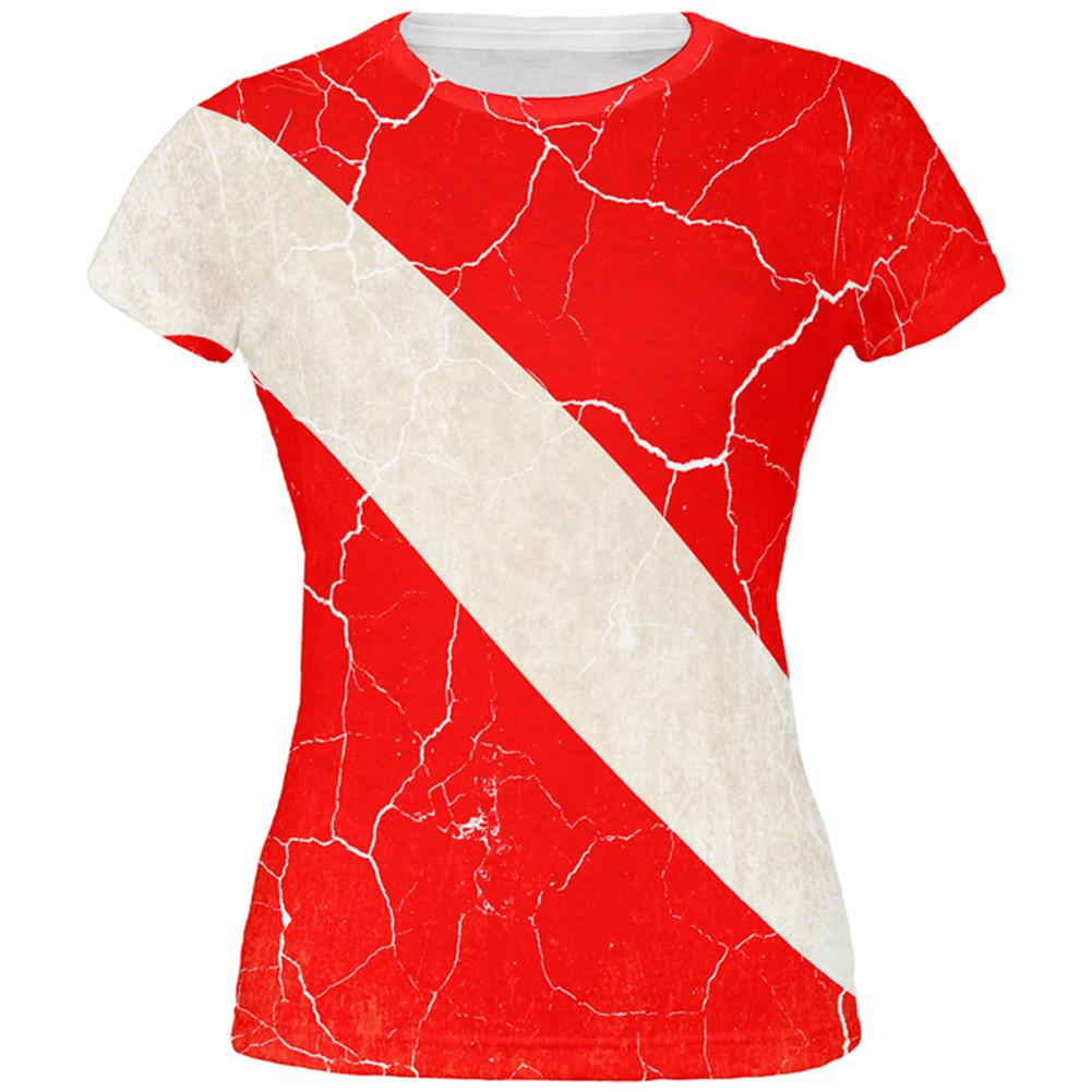 Diver Down Distressed Weathered Flag All Over Juniors T Shirt Juniors T-Shirts Old Glory 2XL Multi