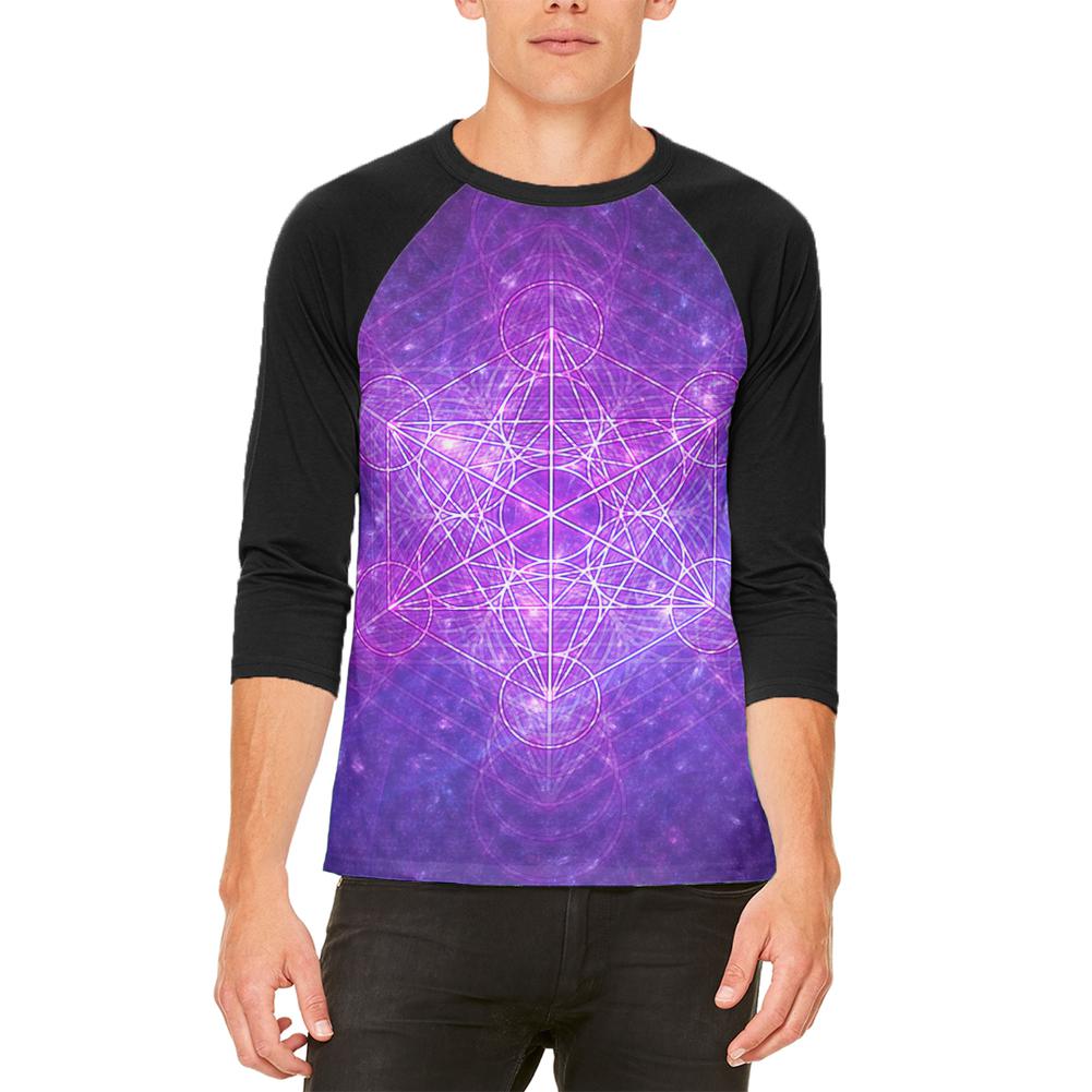 Sacred Geometry Metatron Cube Map of Creation Mens Raglan T Shirt Men's T-Shirts Old Glory 2XL White-Black