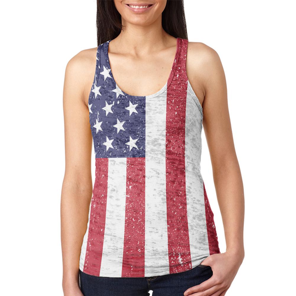 4th of July American Flag Distressed Juniors Burnout Racerback Tank Top Juniors Tank Tops Old Glory 2XL Multi
