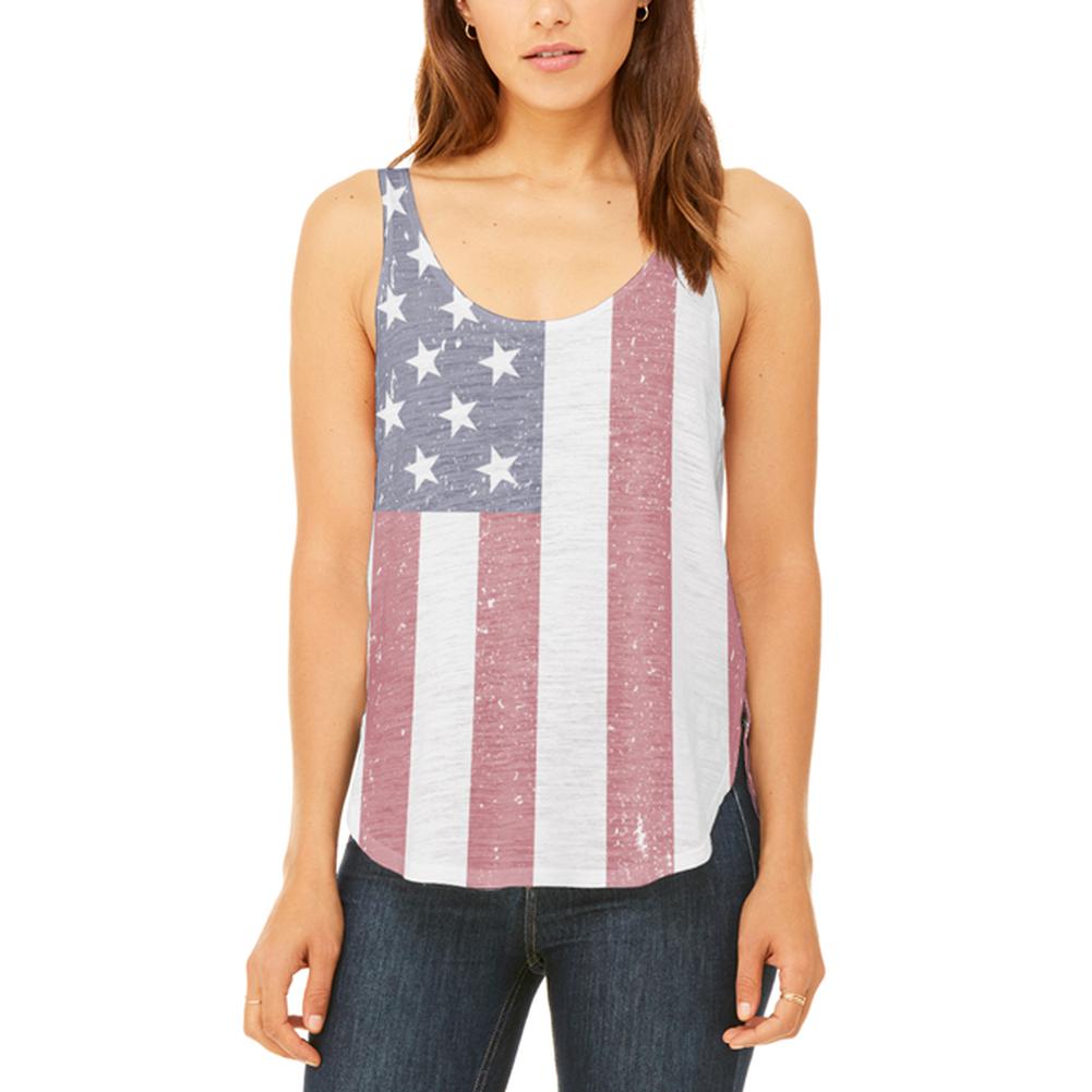 4th of July American Flag Distressed Juniors Flowy Side Slit Tank Top Juniors Tank Tops Old Glory 2XL Multi