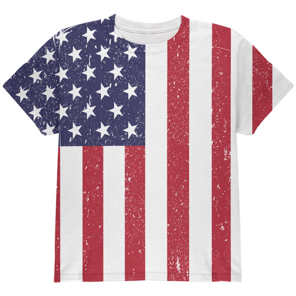 4th of July American Flag Distressed All Over Youth T Shirt Youth T-Shirts Old Glory LG Multi