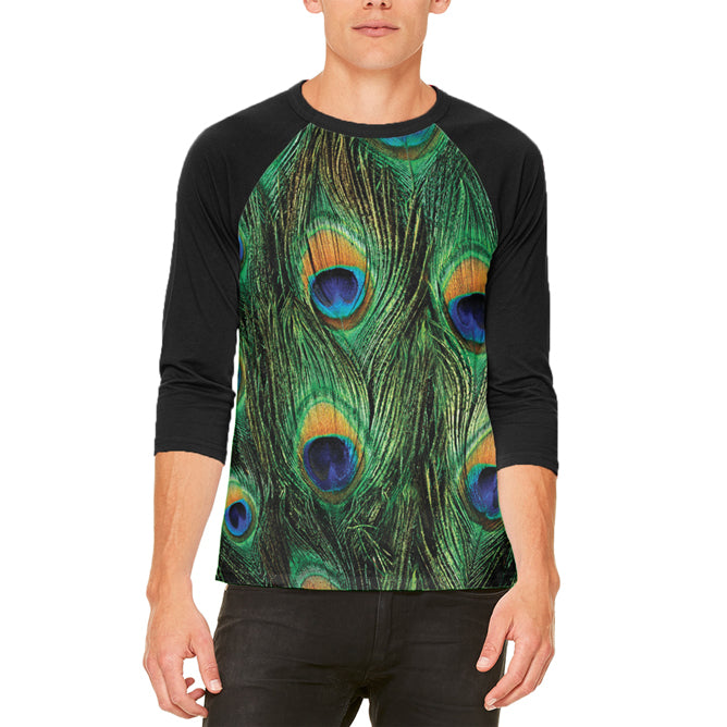 Peacock Feathers Mens Raglan T Shirt Men's T-Shirts Old Glory 2XL White-Black