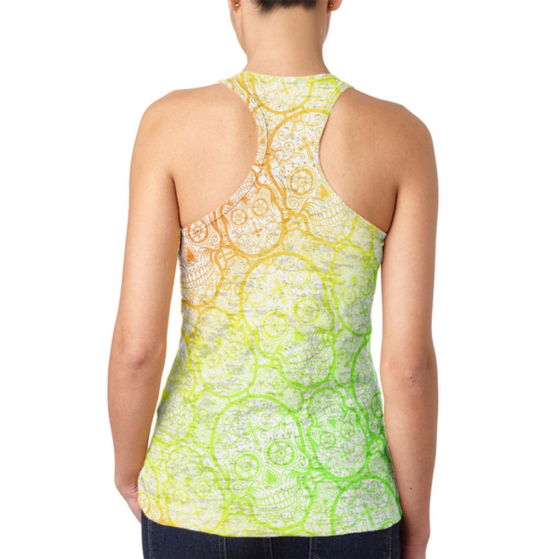 Cinco de Mayo Crazy Sugar Skull Pattern Juniors Burnout Racerback Tank Top Juniors Tank Tops Old Glory