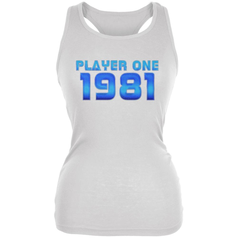 1981 Player One Birthday Juniors Soft Tank Top Juniors Tank Tops Old Glory 2XL White
