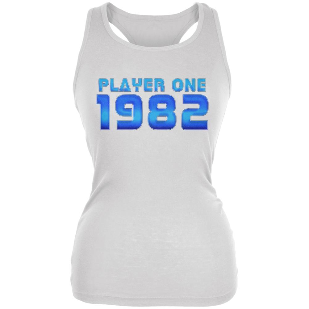 1982 Player One Birthday Juniors Soft Tank Top Juniors Tank Tops Old Glory 2XL White