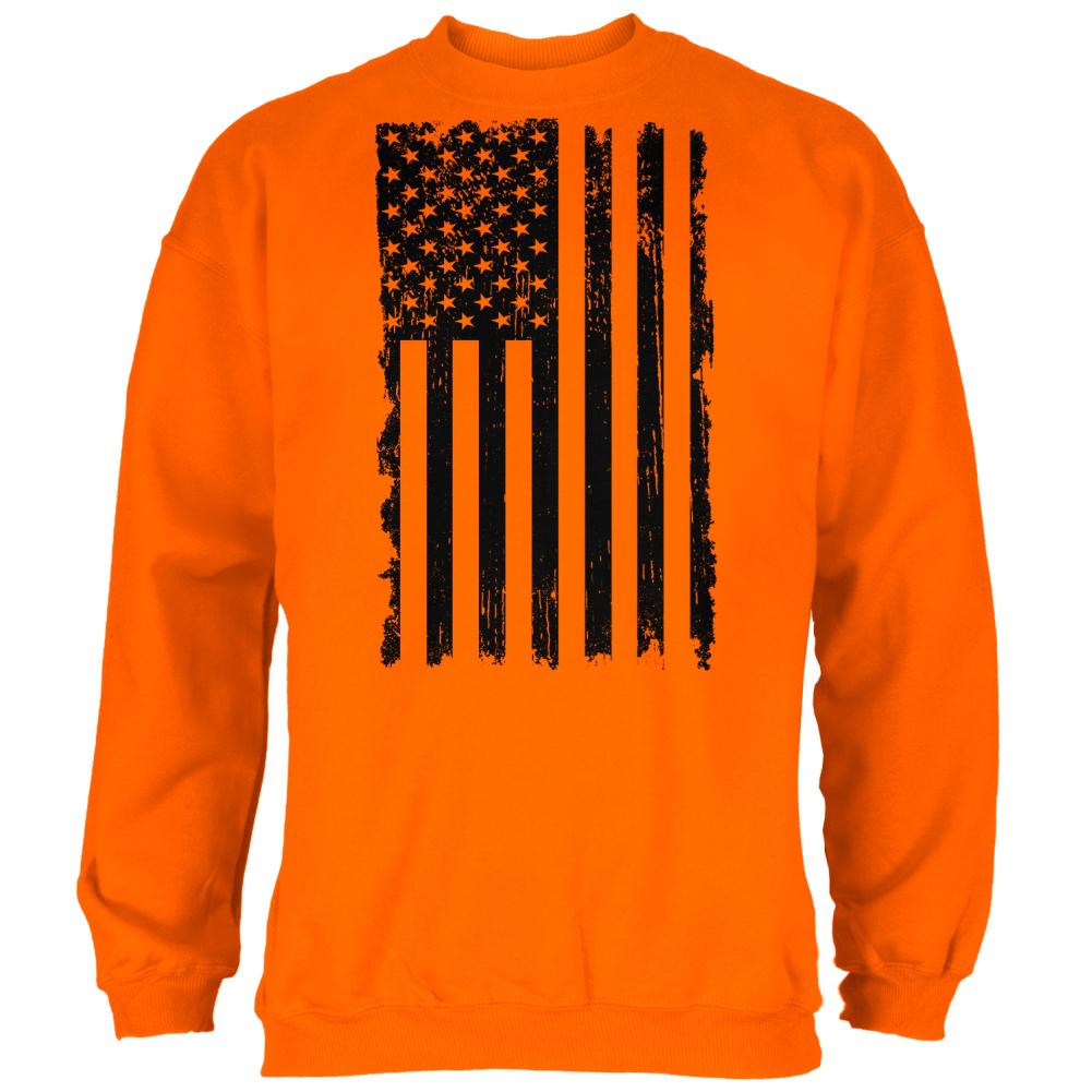 July 4th Distressed Black And White Vertical American Flag Mens Sweatshirt Men's Sweatshirts Old Glory 2XL Safety Orange