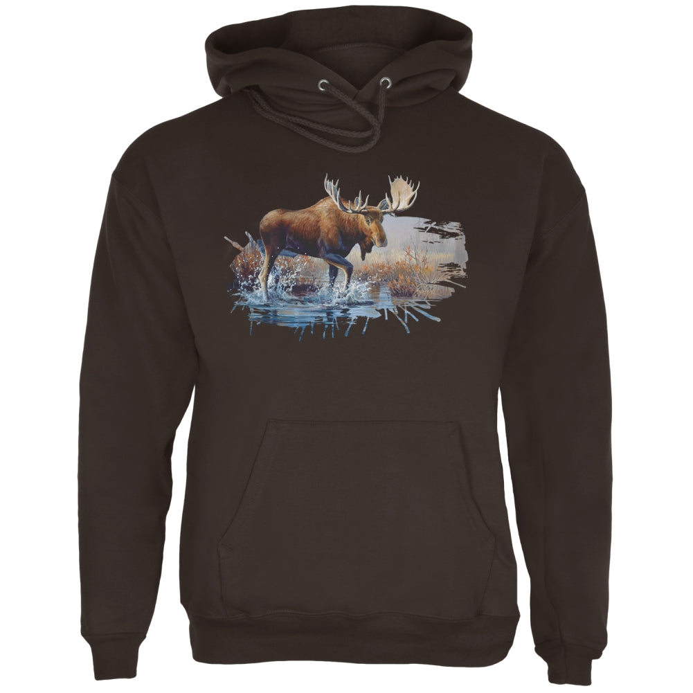 Moose Crossing the River Mens Hoodie Men's Hoodies Old Glory 2XL Brown