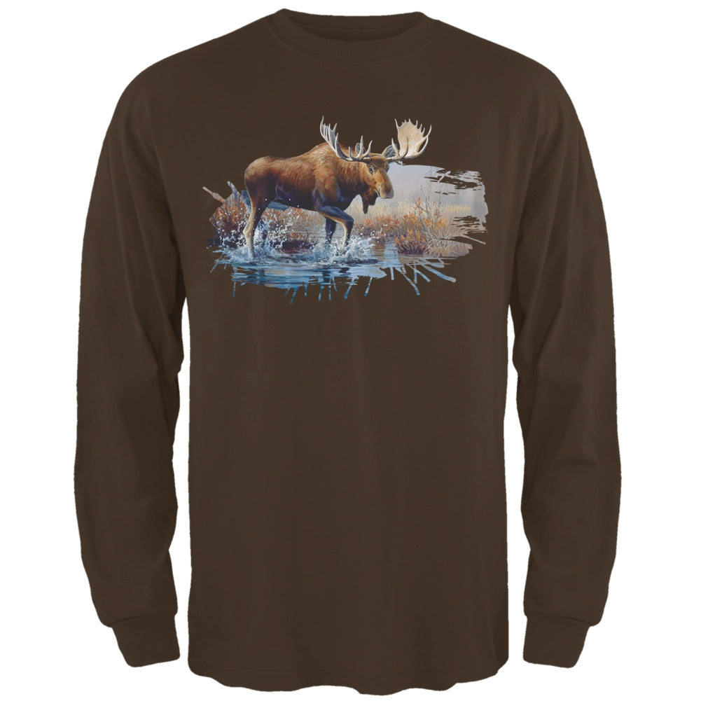 Moose Crossing the River Mens Long Sleeve T Shirt Men's Long Sleeves Old Glory 2XL Brown