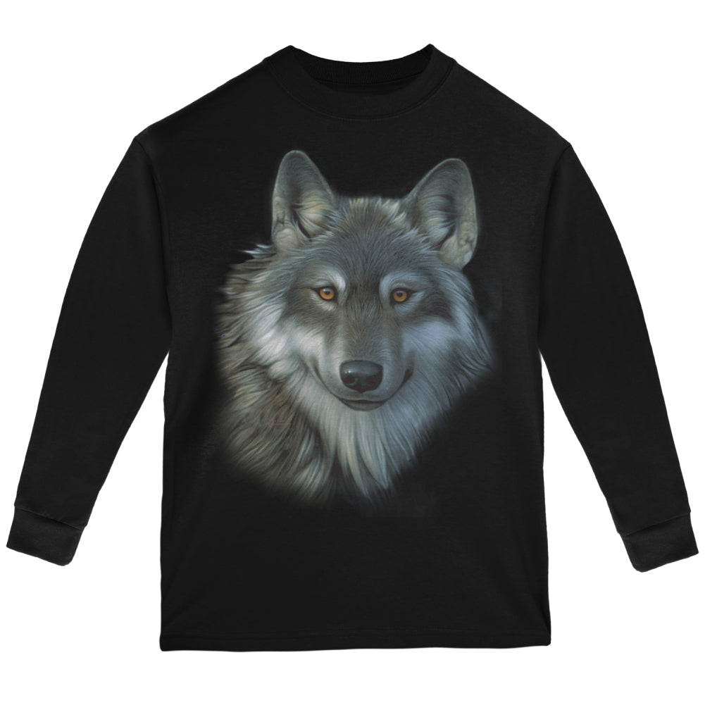 Timber Wolf Face Youth Long Sleeve T Shirt Youth Long Sleeves Old Glory YLG Black