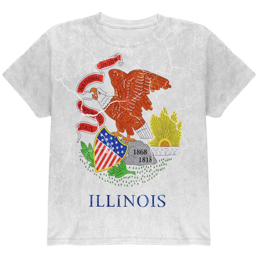 Illinois Vintage Distressed State Flag All Over Youth T Shirt Youth T-Shirts Old Glory LG Multi
