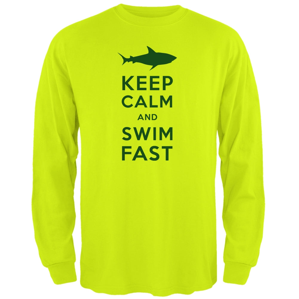 Shark Keep Calm and Swim Fast Mens Long Sleeve T Shirt Men's Long Sleeves Old Glory 2XL Safety Green
