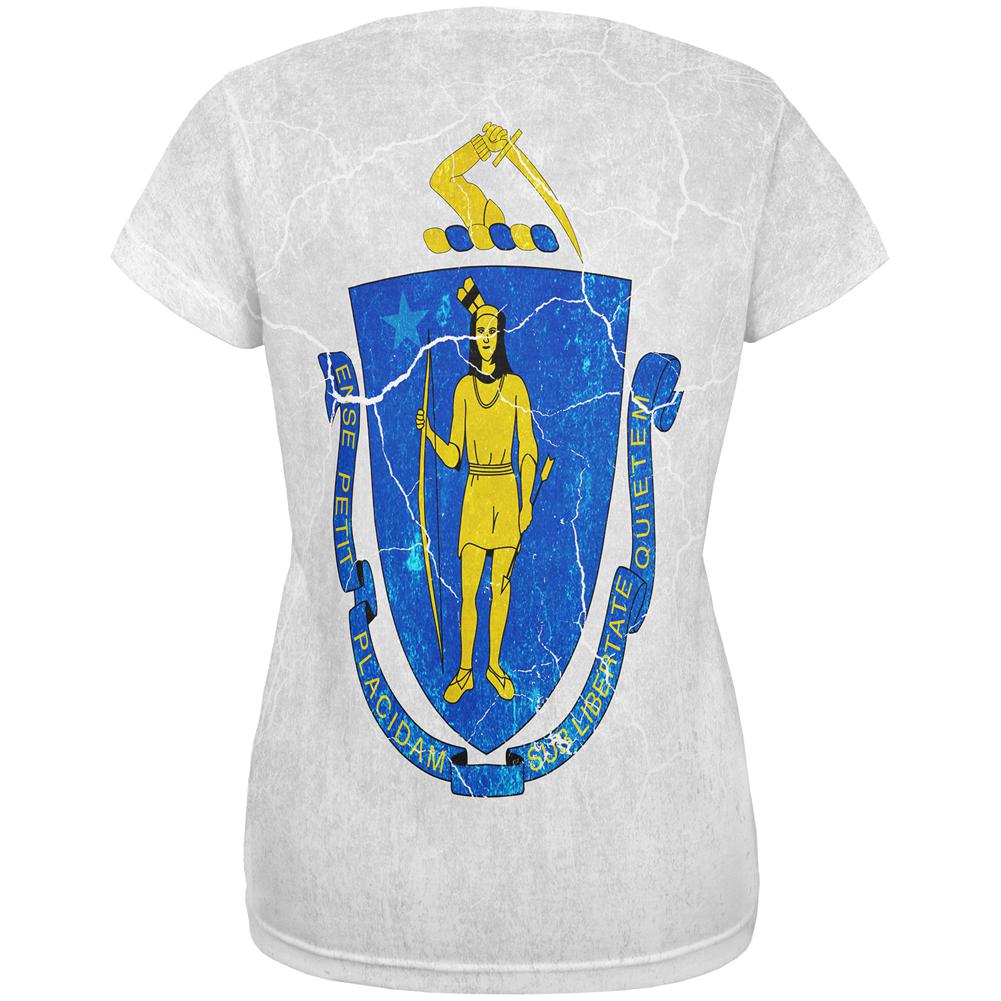 Massachusetts Vintage Distressed State Flag All Over Womens T Shirt Women's T-Shirts Old Glory