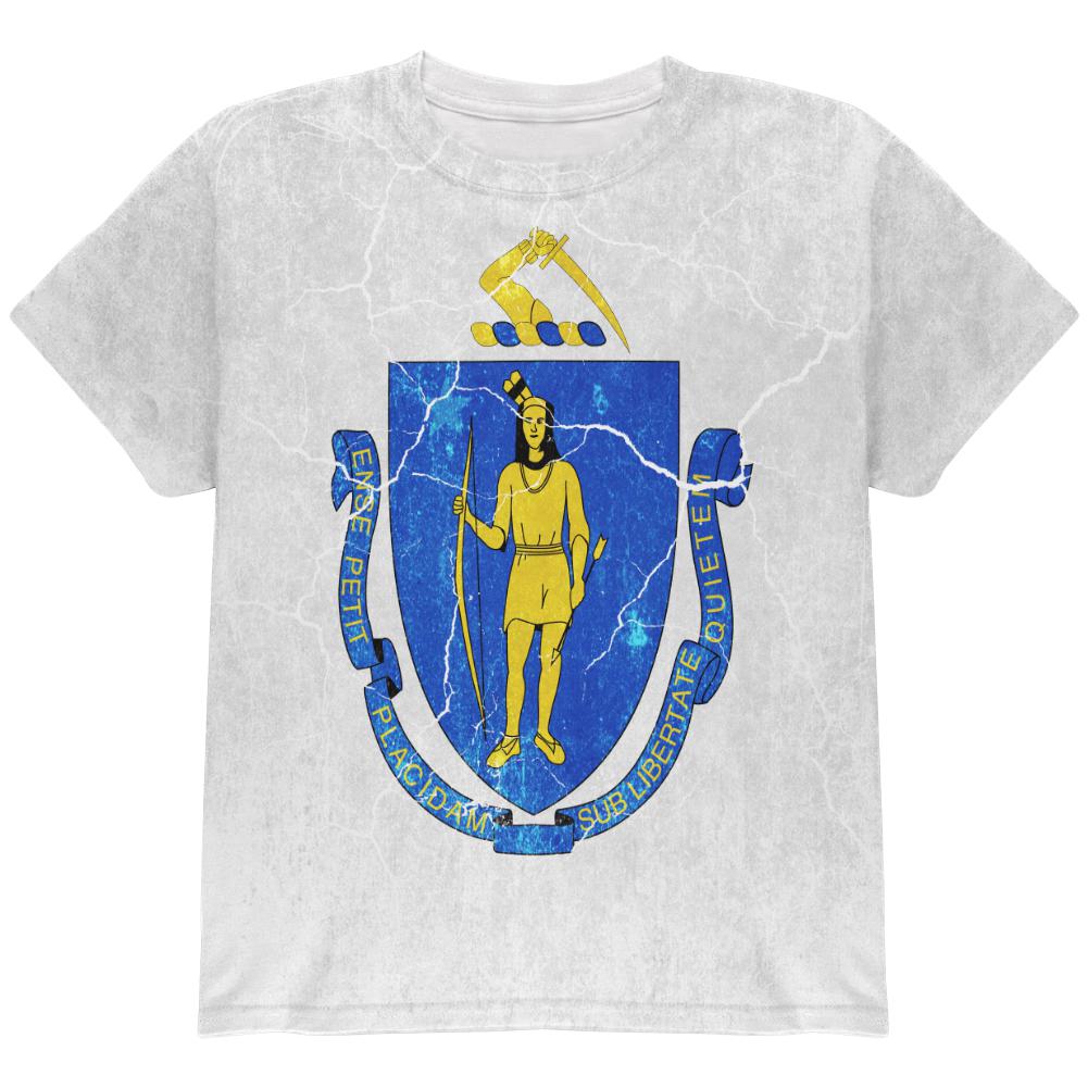 Massachusetts Vintage Distressed State Flag All Over Youth T Shirt Youth T-Shirts Old Glory LG Multi