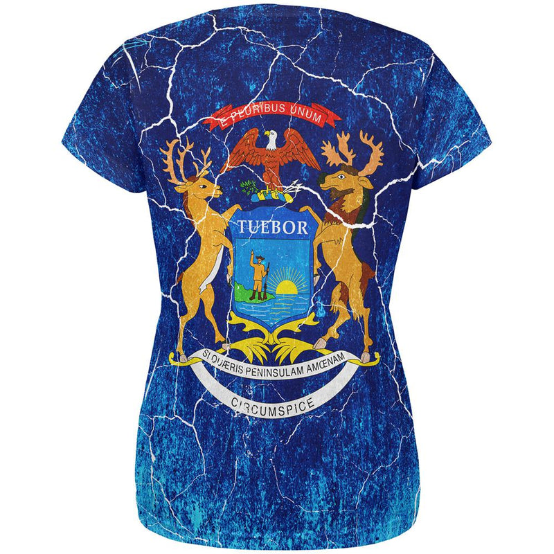 Michigan Vintage Distressed State Flag All Over Womens T Shirt Women's T-Shirts Old Glory