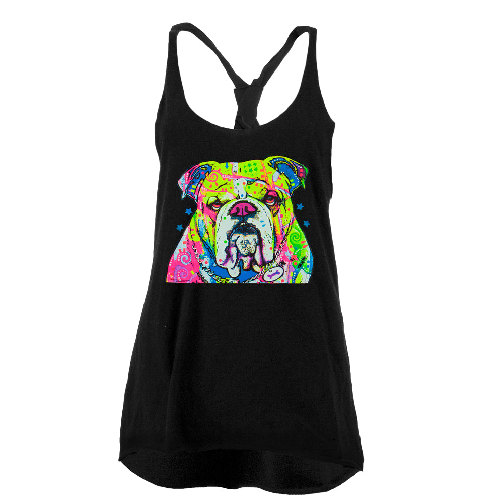 The Bulldog Neon Black Light Juniors Twist Tank Top Juniors Tank Tops Old Glory LG Black