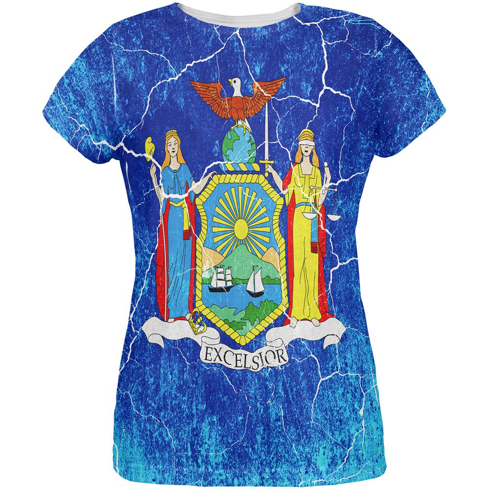 New York Vintage Distressed State Flag All Over Womens T Shirt Women's T-Shirts Old Glory 2XL Multi