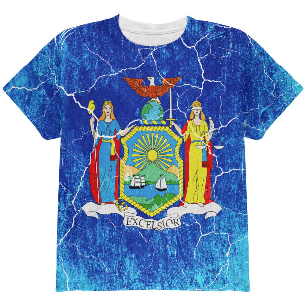 New York Vintage Distressed State Flag All Over Youth T Shirt Youth T-Shirts Old Glory LG Multi