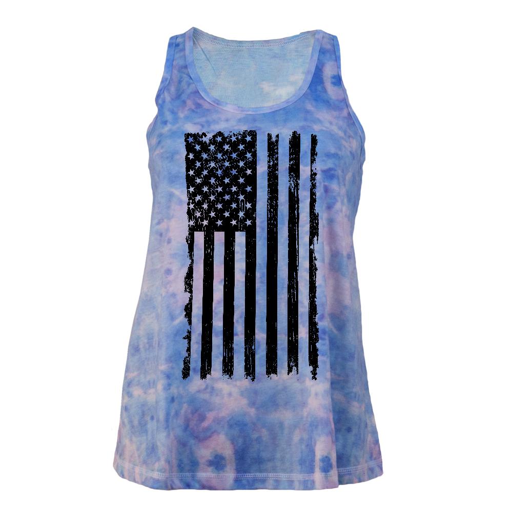 July 4th Distressed Black And White Vertical American Flag Juniors Tie Dye Tank Top Juniors Tank Tops Old Glory LG Multi