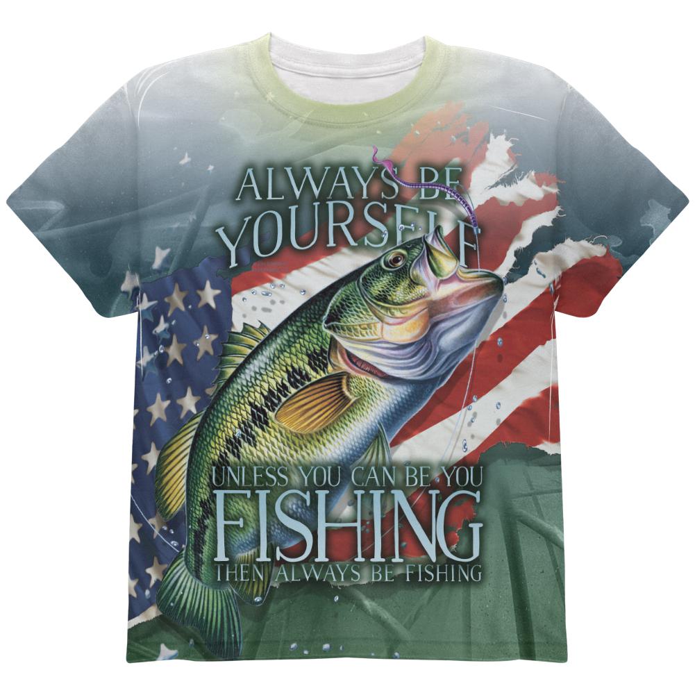 4th of July Always Be Yourself American Fishing All Over Youth T Shirt Youth T-Shirts Old Glory LG Multi