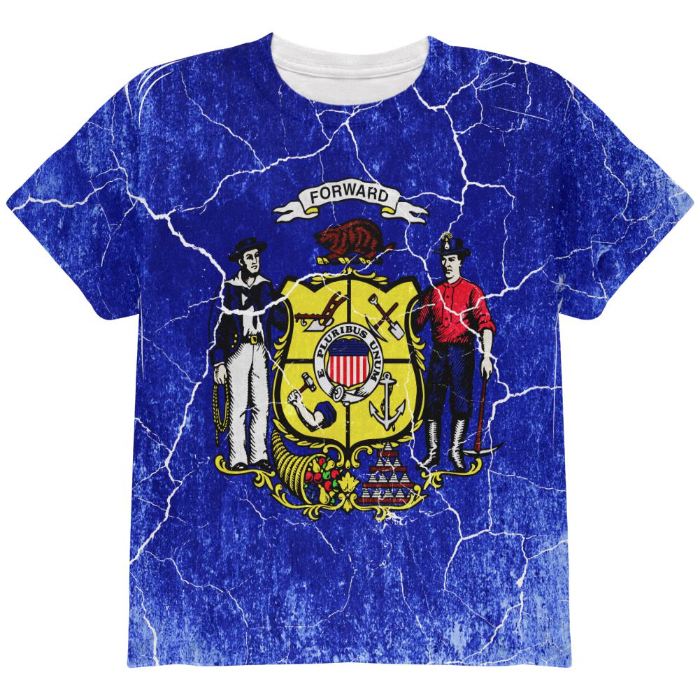 Wisconsin Vintage Distressed State Flag All Over Youth T Shirt Youth T-Shirts Old Glory LG Multi