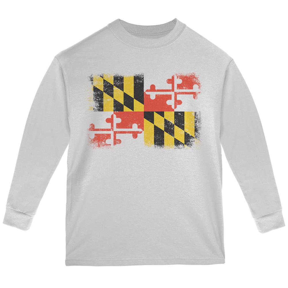 Born and Raised Maryland State Flag Youth Long Sleeve T Shirt Youth Long Sleeves Old Glory LG White
