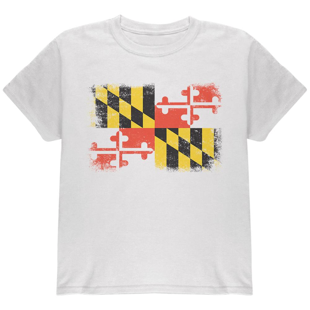 Born and Raised Maryland State Flag Youth T Shirt Youth T-Shirts Old Glory LG White