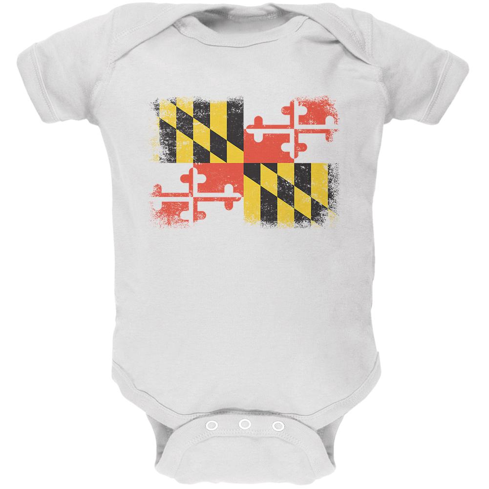 Born and Raised Maryland State Flag Soft Baby One Piece Baby One Piece Old Glory 0-3M White