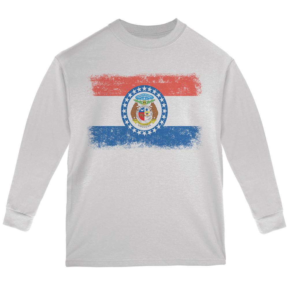 Born and Raised Missouri State Flag Youth Long Sleeve T Shirt Youth Long Sleeves Old Glory LG White