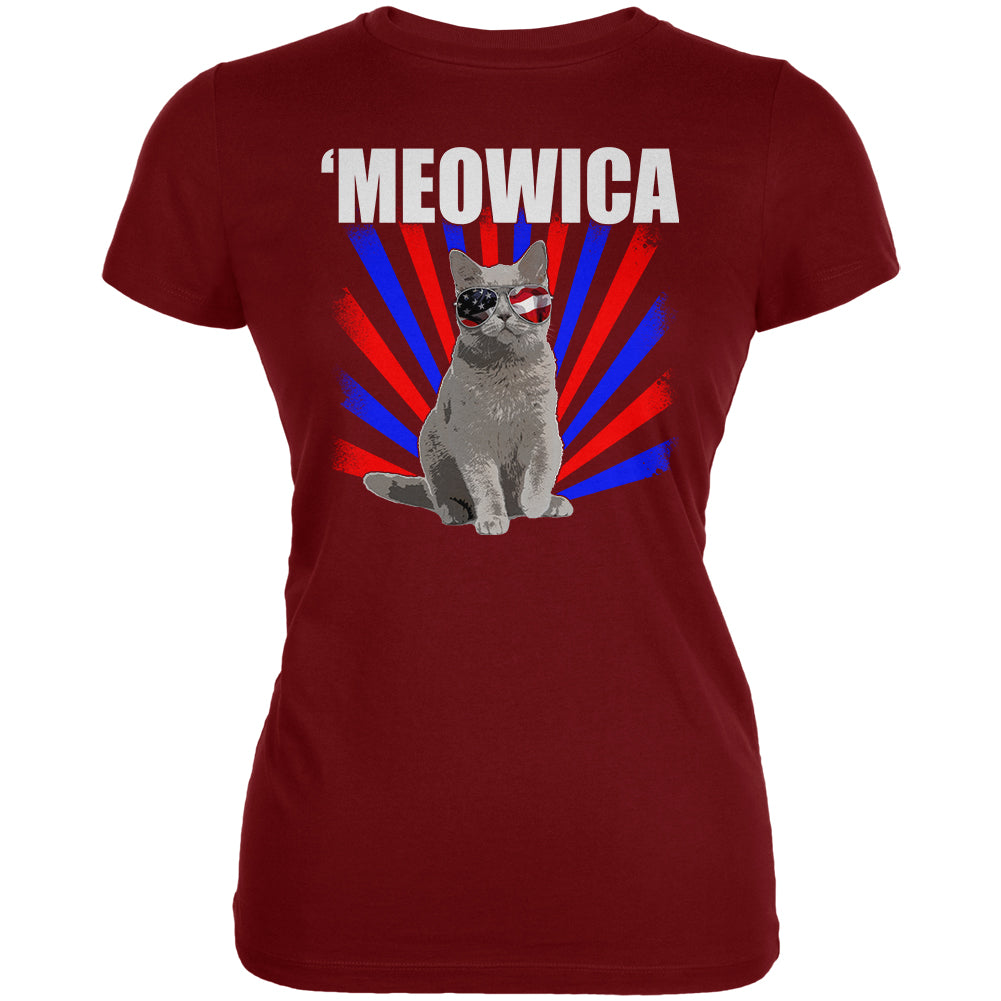 Cat 4th of July Meowica Juniors Soft T Shirt Juniors T-Shirts 4th of July LG Garnet Red