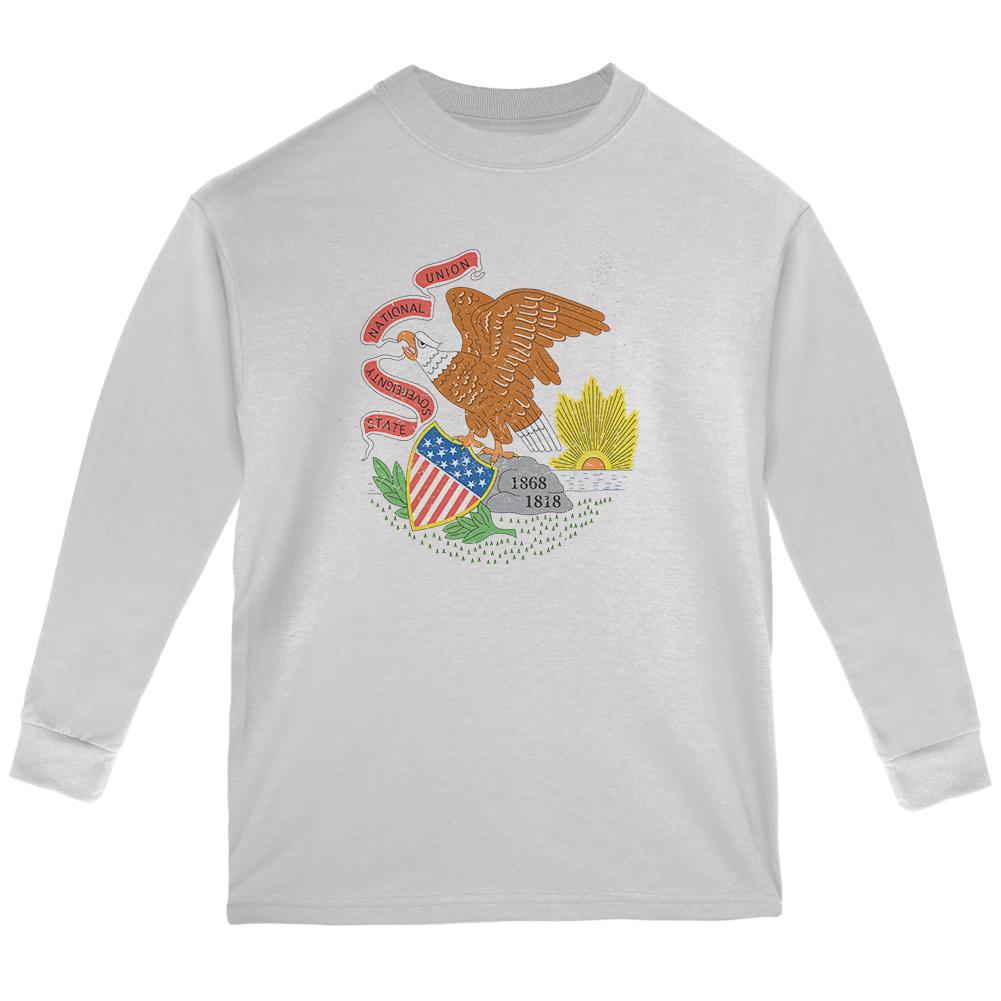 Born and Raised Illinois State Flag Youth Long Sleeve T Shirt Youth Long Sleeves Old Glory LG White