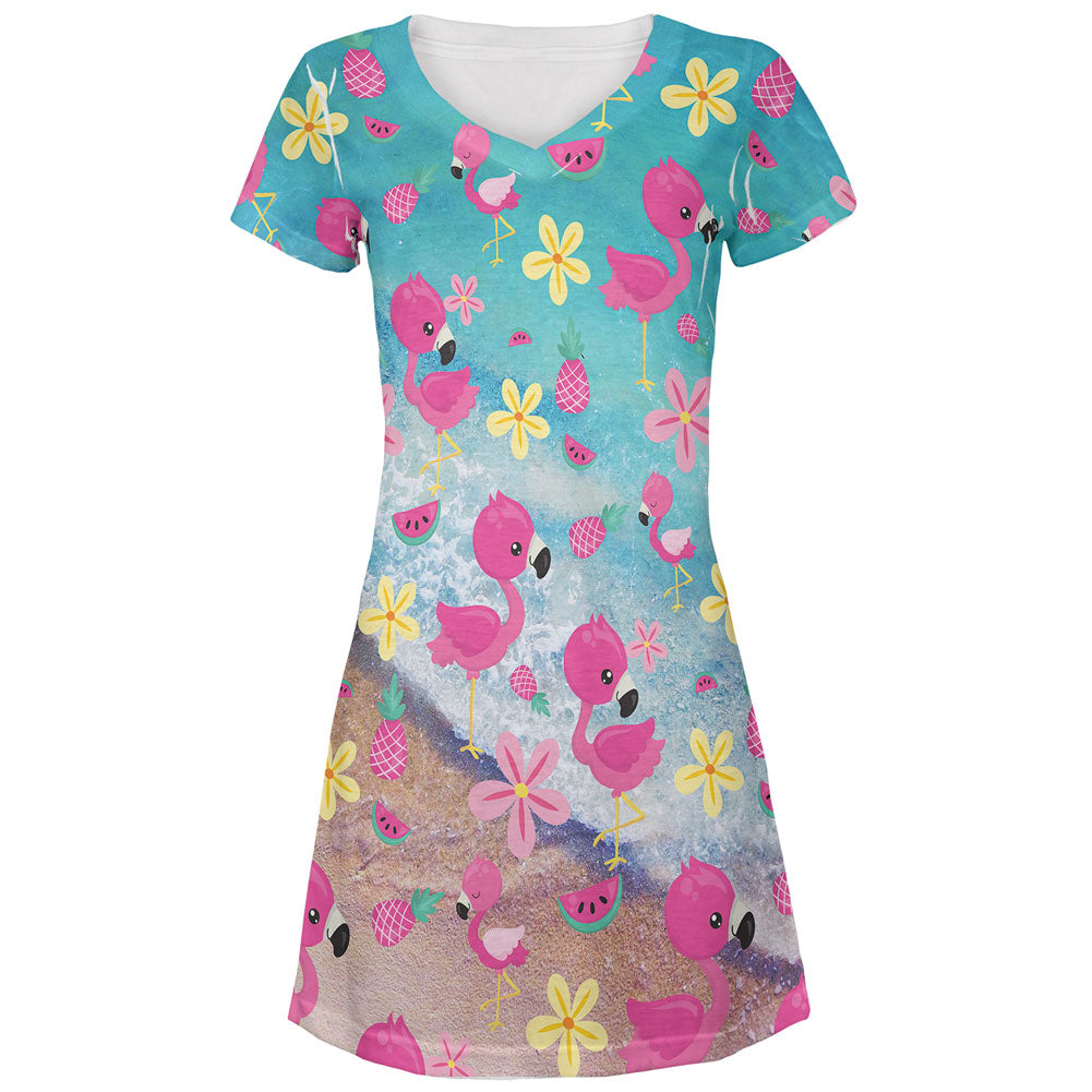 Summer Tropical Beach Flamingos All Over Juniors Beach Cover-Up Dress Juniors Dresses Old Glory MD Multi