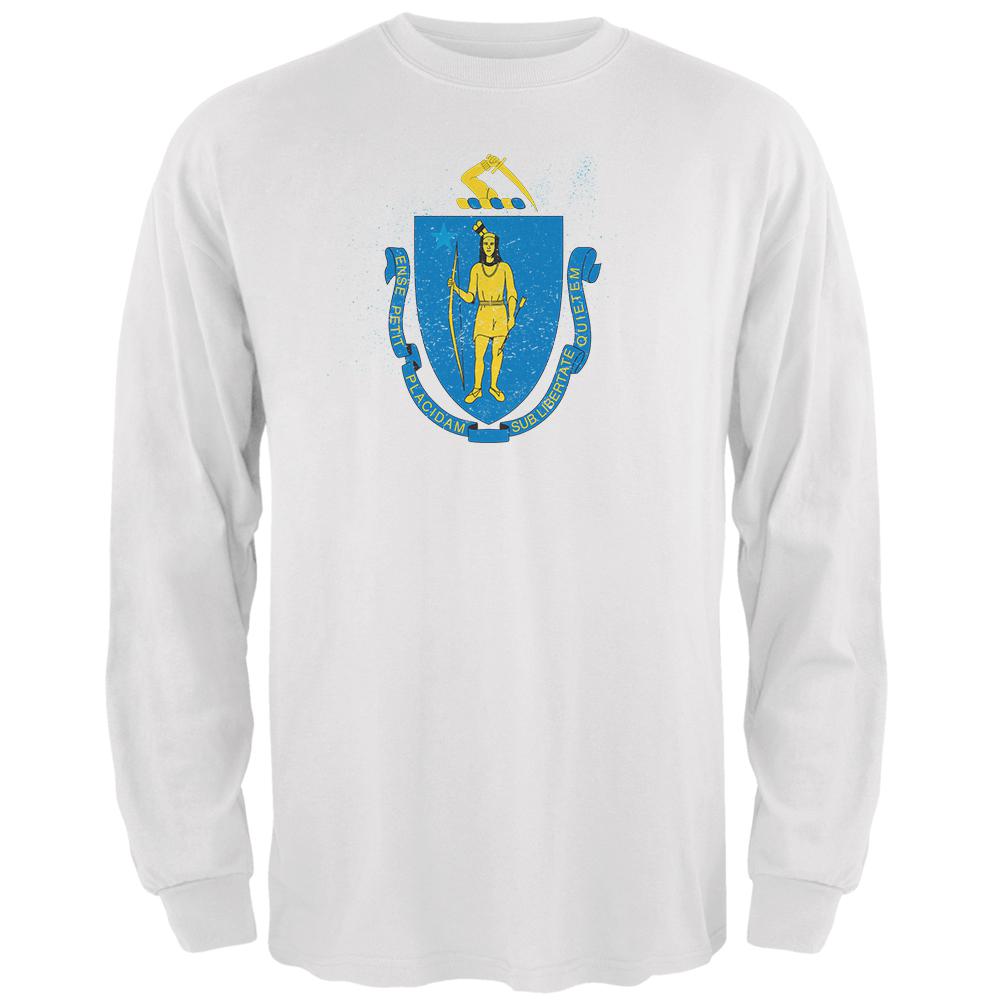 Born and Raised Massachusetts State Flag Mens Long Sleeve T Shirt Men's Long Sleeves Old Glory 2XL White